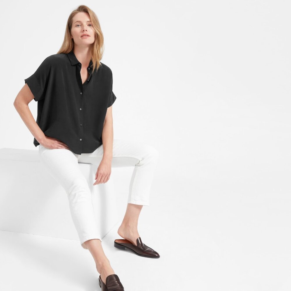 Everlane The Silk Short-Sleeve Square Shirt Black Base - Size 0